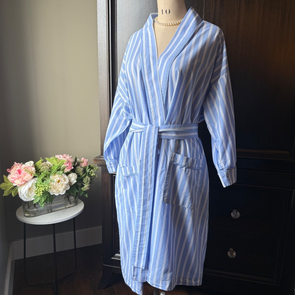 Blue White Striped Organic Cotton Robe Wrap Belted Pockets L XL Minimal Chic Spa